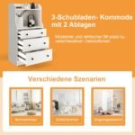 Sąnaudų taupymo komoda su trimis stalčiais ir atviromis lentynomis (Balta)