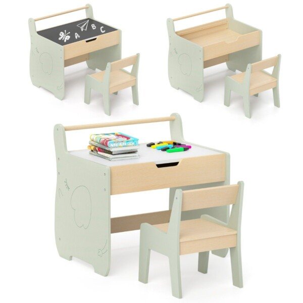 Vaikiškas stalas su kėdute 3in1 su keičiama lenta (Žalia)
