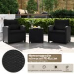 Sodo baldų komplektas iš ratano 3 dalys: 2 kėdės ir staliukas (Juoda)