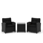 Sodo baldų komplektas iš ratano 3 dalys: 2 kėdės ir staliukas (Juoda)