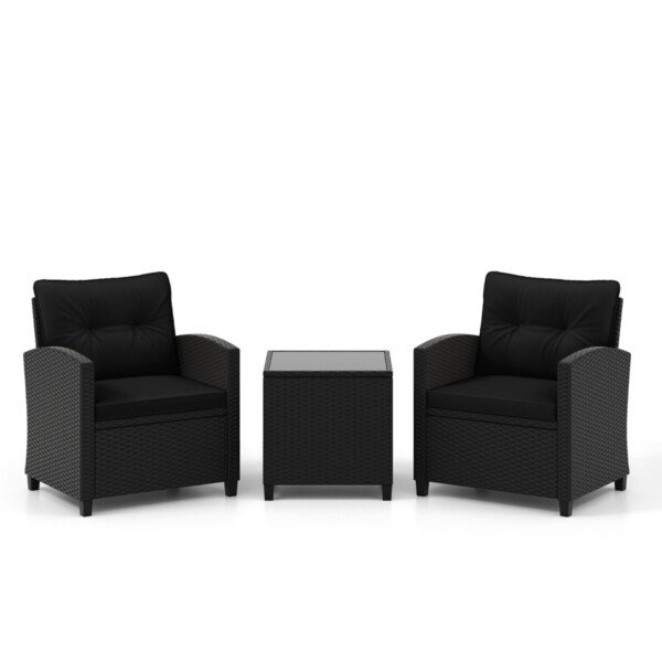 Sodo baldų komplektas iš ratano 3 dalys: 2 kėdės ir staliukas (Juoda)