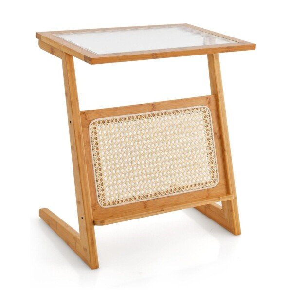 Z formos staliukas su stikliniu stalviršiu ir rotango laikraštine (Natūrali)