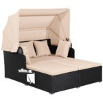 Dvigubas lauko gultas su stogeliu ir išskleidžiamais staliukais (Geltona)