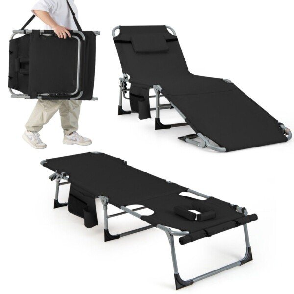 Sulankstomas lauko gultas su reguliuojama atlošu ir kojų atrama (Juoda)