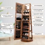 Sukamoji veidrodinė papuošalų spintelė su LED apšvietimu ir didele talpa (Natūrali medžio)