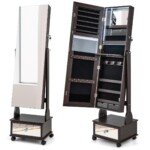 Pastatomas papuošalų ir kosmetikos organizatorius su veidrodžiu ir LED apšvietimu (Ruda)