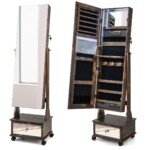 Kompaktiškas papuošalų ir makiažo staliukas su veidrodžiu ir LED apšvietimu (Rudenėta ruda)