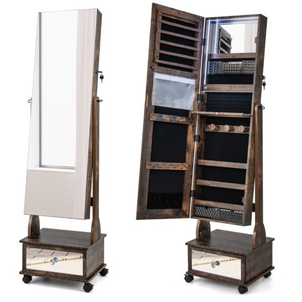 Kompaktiškas papuošalų ir makiažo staliukas su veidrodžiu ir LED apšvietimu (Rudenėta ruda)