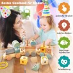 Medinis traukinukų rinkinys su kaladėlėmis ir gyvūnų raštais (Spalvotas)