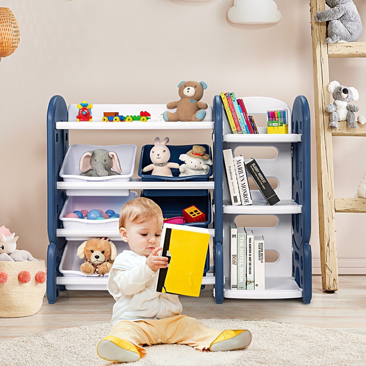 spielzeugregal-kinderregal-ty327808bl-2 Vaikiškas daiktų laikiklis su kampine lentyna (Mėlyna)
