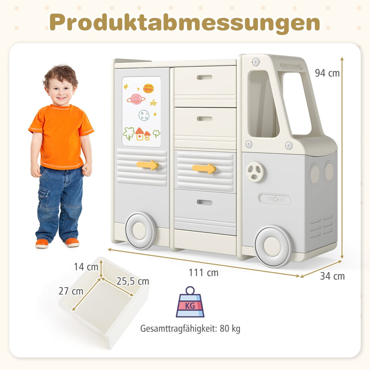 Vaikiška daiktų saugykla su lentyna ir rašymo lenta (Pilka)