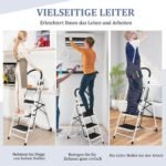 Sulankstomos 4 laiptelių kopėčios su rankena 150 kg keliamoji galia (Juoda ir balta)