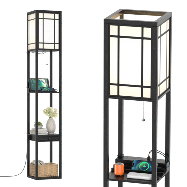 Moderni stalinė lempa su lentynomis ir USB įkrovimu (Juoda)