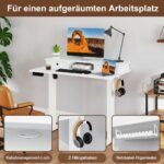 Elektrinis aukščio reguliavimo stalas su monitoriaus stovu ir stalčiais (Balta)