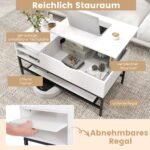 Funkcionalus kavos staliukas su pakeliama plokšte ir paslėptu stalčiumi (Balta)