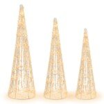 LED Kalėdiniai kūgio formos medeliai su girliandomis ir žvaigždėmis (Balta)