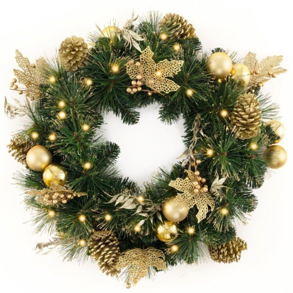 Kalėdinis vainikas su LED lemputėmis ir pušies šakelėmis (Žalia)