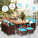 Sodo valgomojo baldų komplektas su 4 kėdėmis ir 4 osmaliukėmis (Žalia)