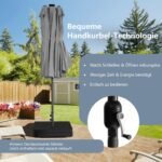 Didelis dvigubas terasos skėtis su 48 saulės LED lemputėmis ir rankenėle (Pilka)