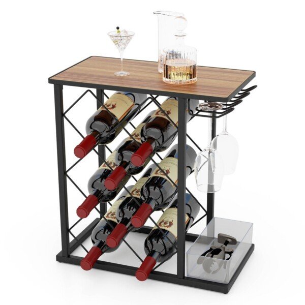 Stalinis vyno stovas su laikymo dėžute ir lentyna (Ruda)