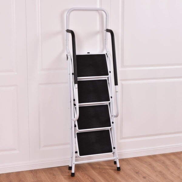 4 pakopų sulankstomas laiptelis su rankena ir saugos fiksatoriumi (Juoda ir balta)