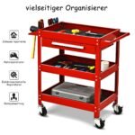 Vežimėlis įrankiams su 3 lentynomis ir stalčiumi metalinis (Raudona)