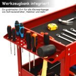 Vežimėlis įrankiams su 3 lentynomis ir stalčiumi metalinis (Raudona)