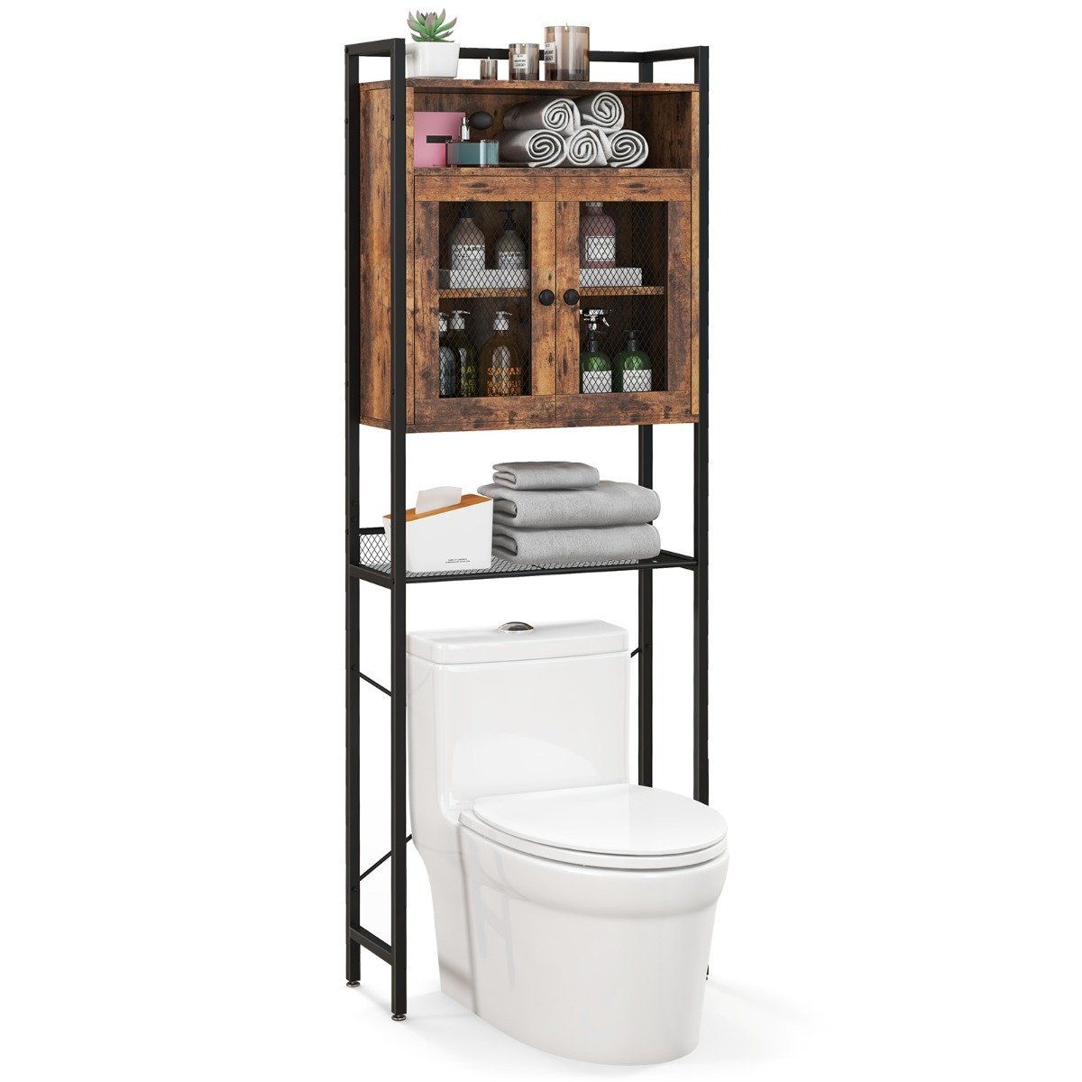 toilettenregal-ba7857cf_7_ Aukštas kampinis vonios baldų komplektas su dvigubomis durimis (Rudos)
