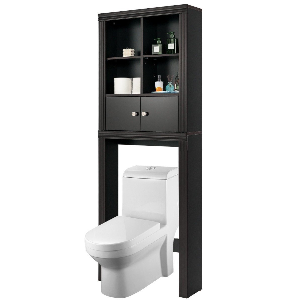 toilettenregal-badezimmerregal-11416_6_ Trijų aukštų vonios kambario lentyna su 4 atviromis nišomis ir spintele su 2 durelėmis (Ruda)