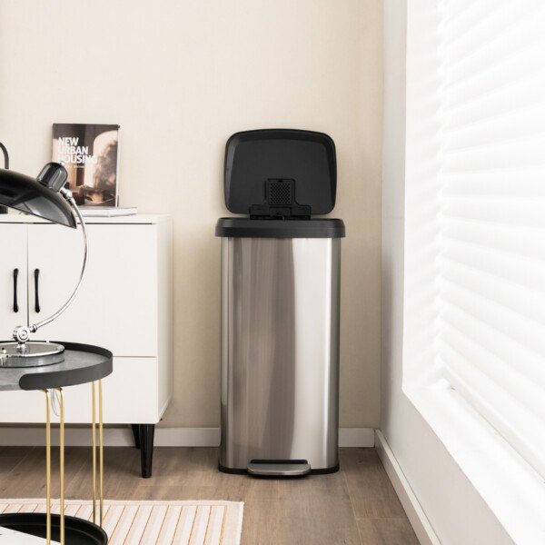 Didelė 68L nerūdijančio plieno šiukšliadėžė su lėtai užsidarančiu dangčiu ir kvapų absorbavimo sistema (Sidabrinė)