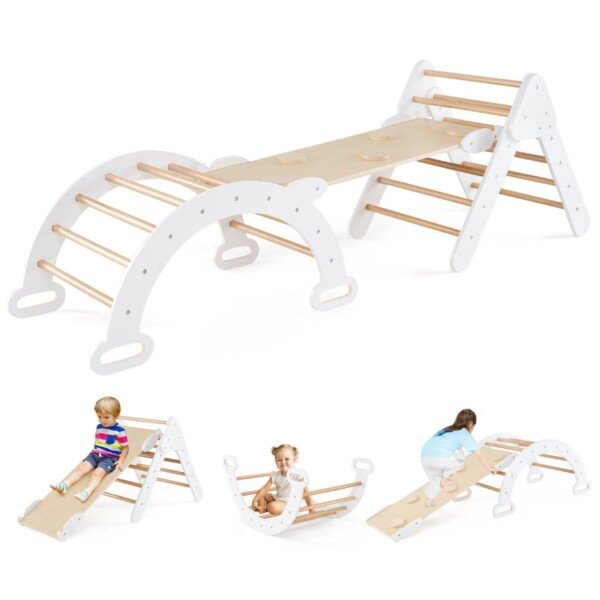 Medinis Montessori laipiojimo trikampis su čiuožykla (Balta)