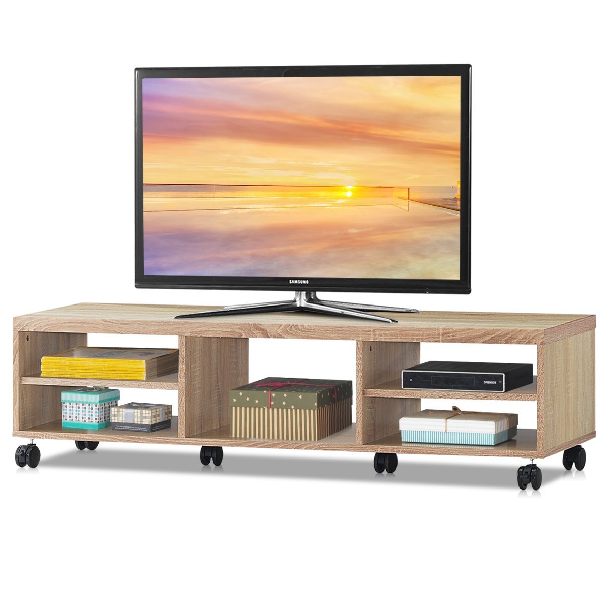 tv-konsole-hw61768na_7_ TV spintelė ant ratukų su penkiomis atviromis lentynomis (Natūrali)