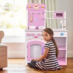 Medinė žaidimų virtuvėlė du viename su integruota kėdute (Šviesiai rožinė ir balta)