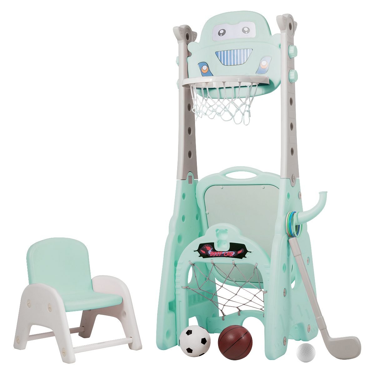 ty327689bl_2_ Vaikiškas sporto centras 6-in-1 su reguliuojamu krepšinio lanku ir piešimo lenta (Žalia)