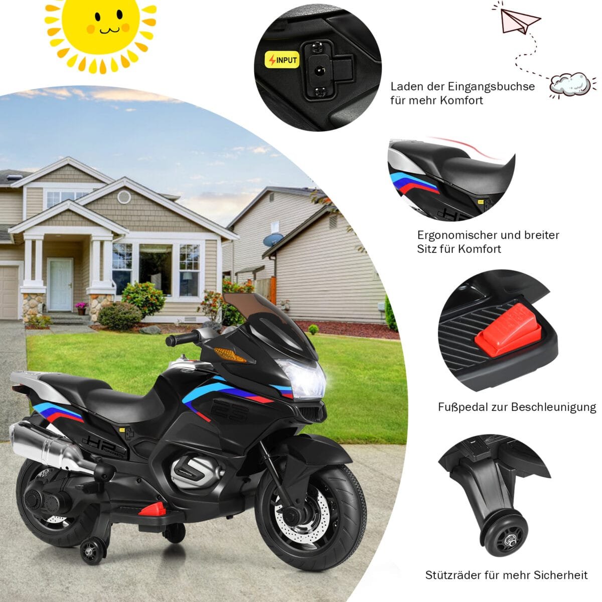 Elektrinis vaikiškas motociklas su atraminiais ratais (Juoda)