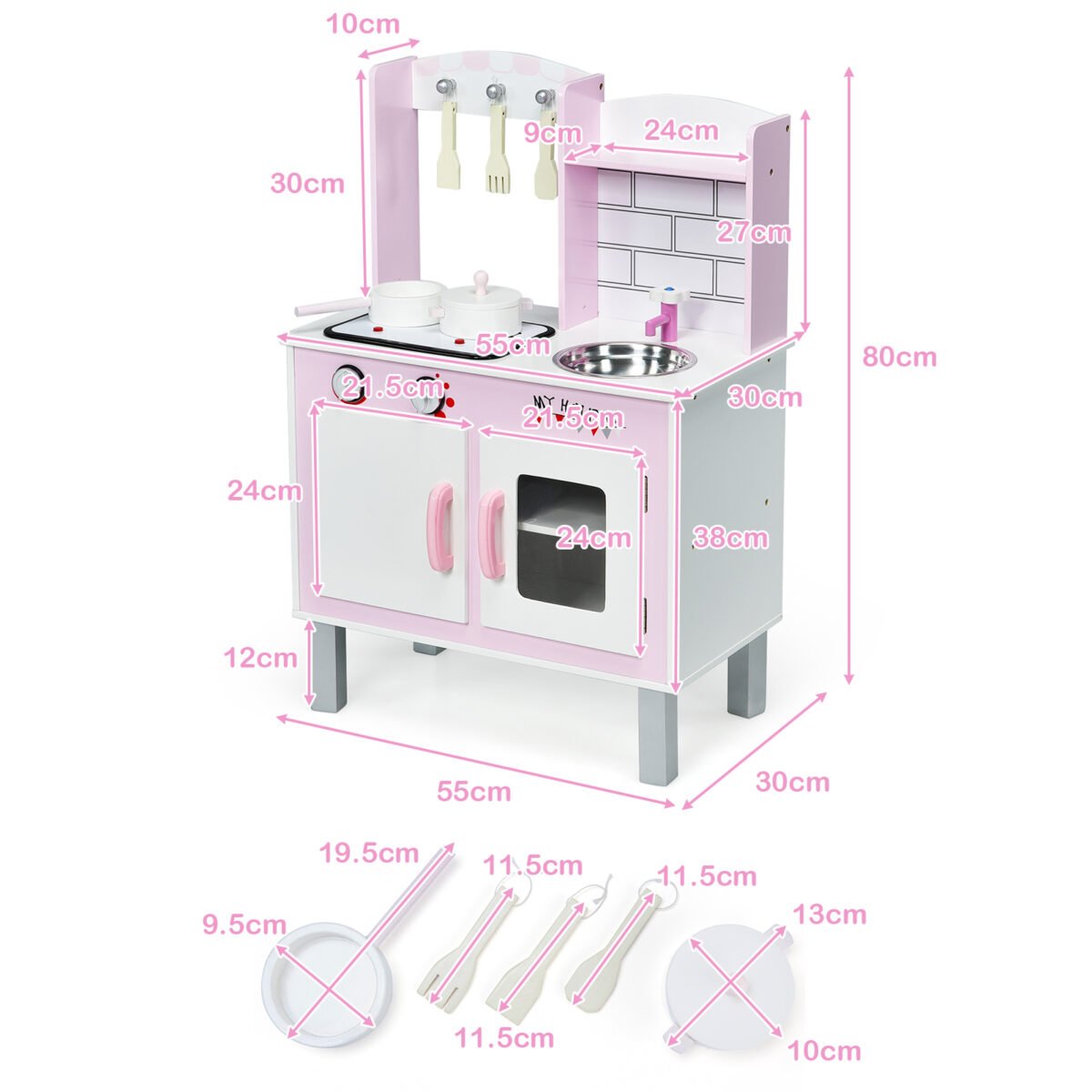 Medinė virtuvėlė su priedais 55x30x80 cm (Rožinė)