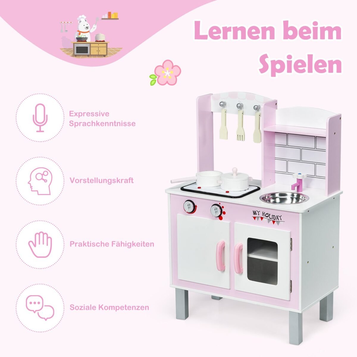 Medinė virtuvėlė su priedais 55x30x80 cm (Rožinė)