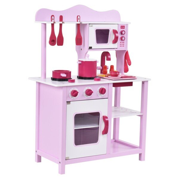 Medinė vaikiška virtuvėlė su priedais (Šviesiai rožinė ir balta)