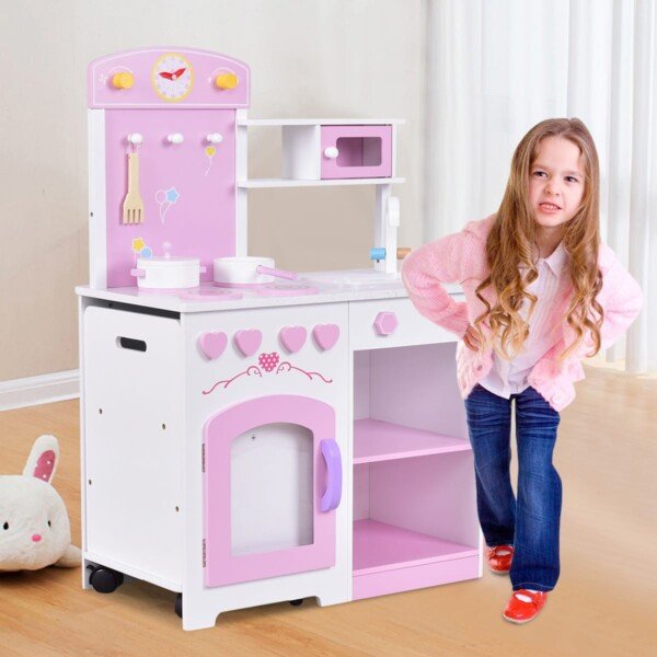 Medinė žaidimų virtuvėlė du viename su integruota kėdute (Šviesiai rožinė ir balta)