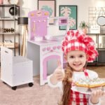 Medinė žaidimų virtuvėlė du viename su integruota kėdute (Šviesiai rožinė ir balta)