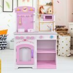 Medinė žaidimų virtuvėlė du viename su integruota kėdute (Šviesiai rožinė ir balta)