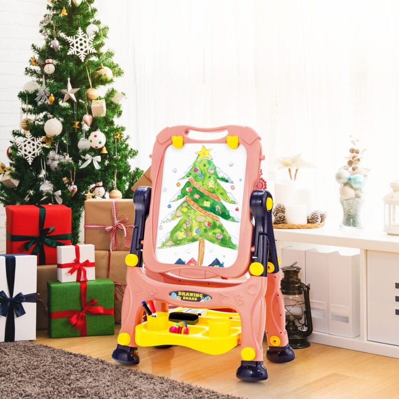 Dvipusė vaikiška rašymo ir meno lenta su reguliuojamu aukščiu (Rožinė)