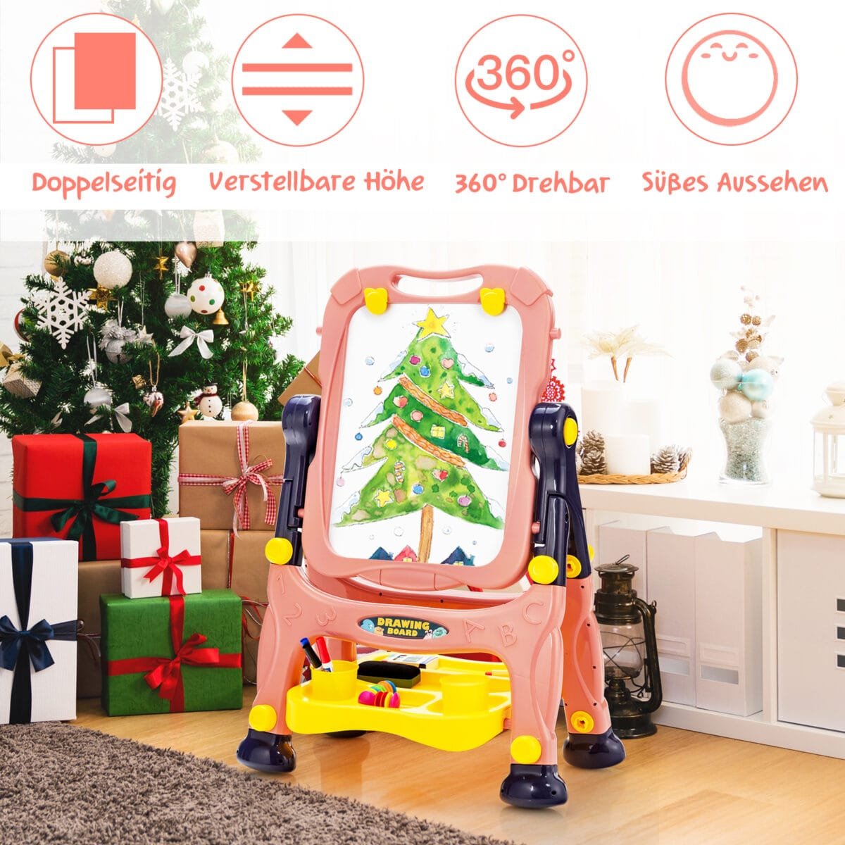 Dvipusė vaikiška rašymo ir meno lenta su reguliuojamu aukščiu (Rožinė)