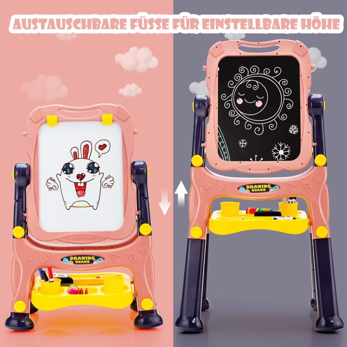 Dvipusė vaikiška rašymo ir meno lenta su reguliuojamu aukščiu (Rožinė)