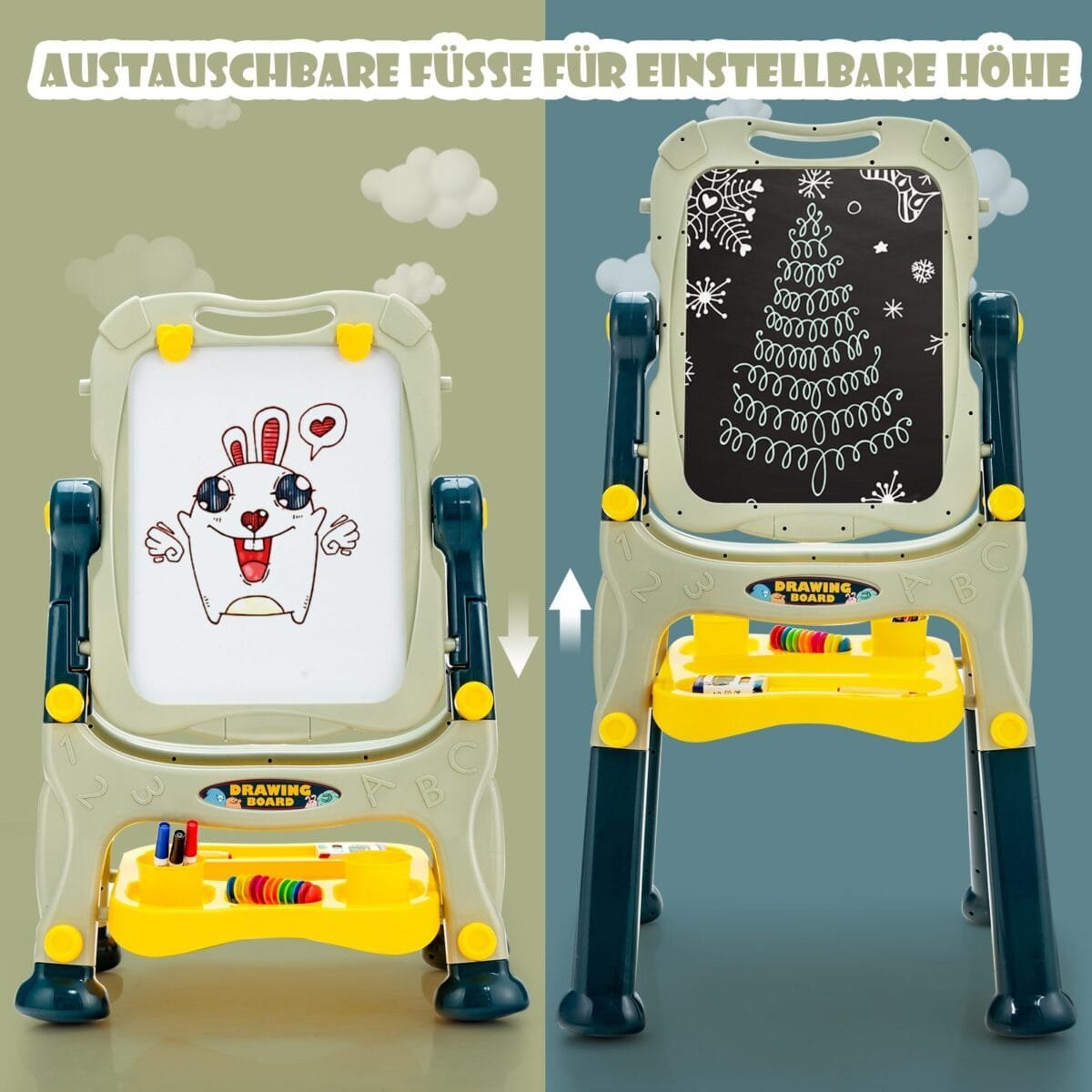 Dvipusė vaikų dailės lenta su kreidiniu ir baltu paviršiumi (Žalia)