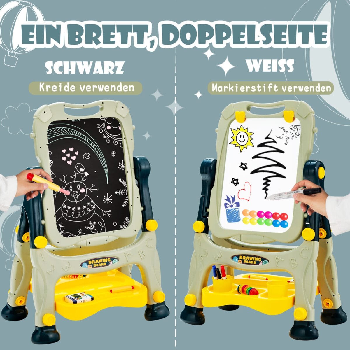 Dvipusė vaikų dailės lenta su kreidiniu ir baltu paviršiumi (Žalia)