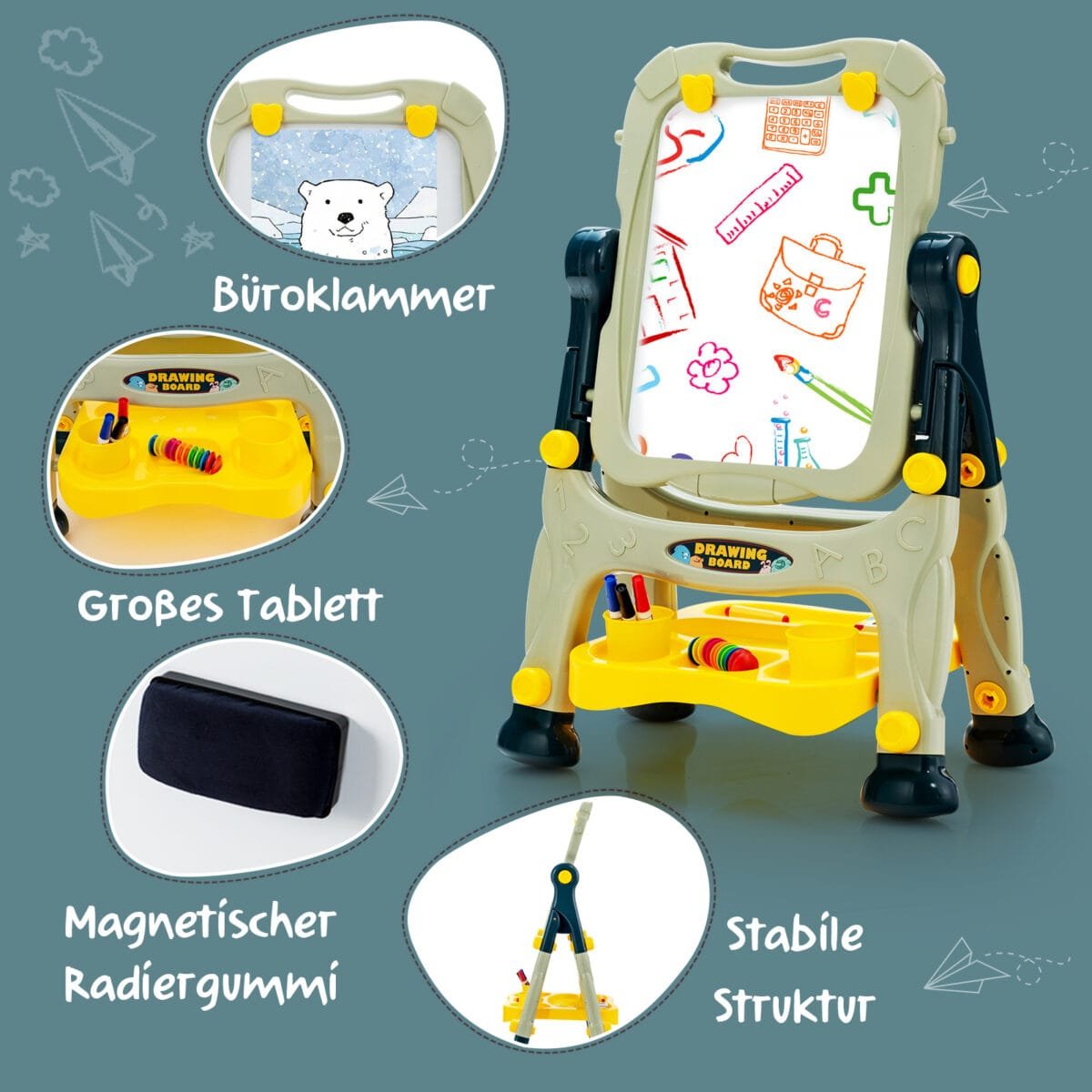 Dvipusė vaikų dailės lenta su kreidiniu ir baltu paviršiumi (Žalia)