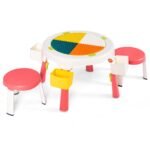Vaikų žaidimų ir mokymosi stalas su 2 kėdėmis reguliuojamo aukščio su sandėliavimo vietomis (Rožinė)