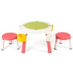Vaikų žaidimų ir mokymosi stalas su 2 kėdėmis reguliuojamo aukščio su sandėliavimo vietomis (Rožinė)