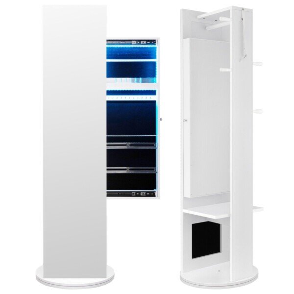 Besisukanti rūbų ir papuošalų spintelė su LED apšvietimu (Balta)